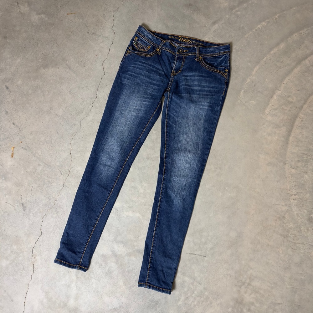 Vintage Vanity‎ Premium Skinny Jeans Women 29W 32L Blue Embellished Y2K McBling